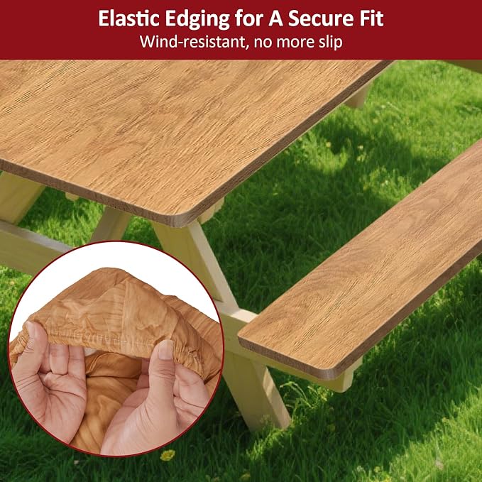 6ft Picnic Table and Bench Cover, Camping Essentials RV Gear, 72 in Waterproof Windproof Outdoor Elastic All Around Tablecloth, Fitted Rectangle Tables and Seats, Wood Grain