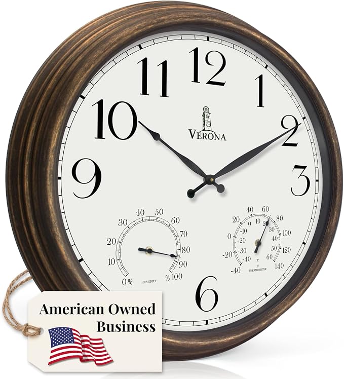 Large Outdoor Clocks for Patio - Waterproof, Accurate & Easy to Read - 24 inch Indoor Outdoor Wall Clock with Thermometer, Temperature and Humidity Combo - Weatherproof for Pool, Garden & Home Decor