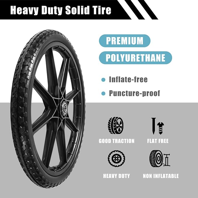 20" Flat Free Tire Cart Wheels Replacement for Rubber Maid Wheelbarrow Wheels Garden Cart, Replacement Wheels with 5/8" 3/4" Bearing for Utility Carts/Lawn Carts/Wheelbarrow, Black 2PACK