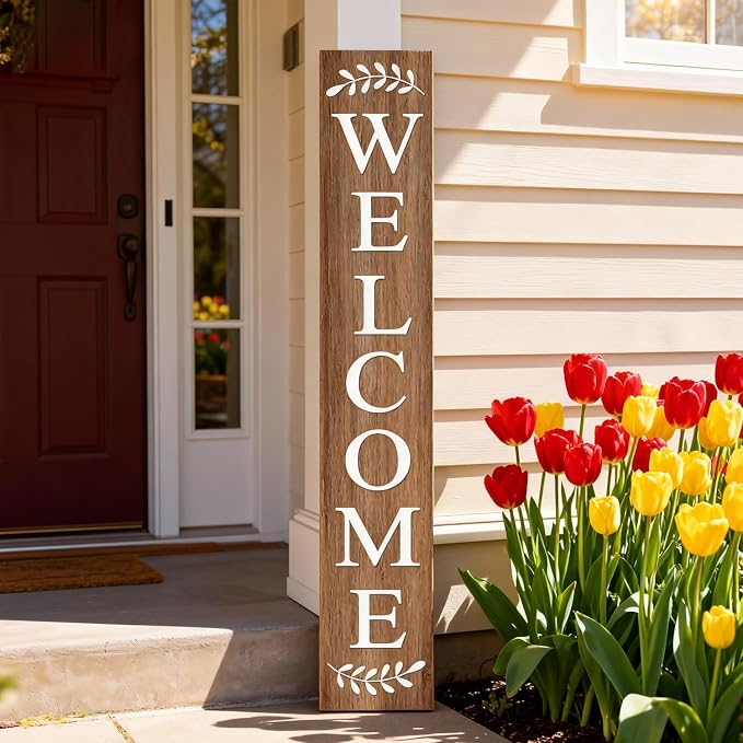 Farmhouse Wooden Welcome Sign Stand for Front Door, 47" Large Welcome Sign for Front Porch, Rustic Vertical Tall Porch Leaner Decor for Outdoor Patio Garden