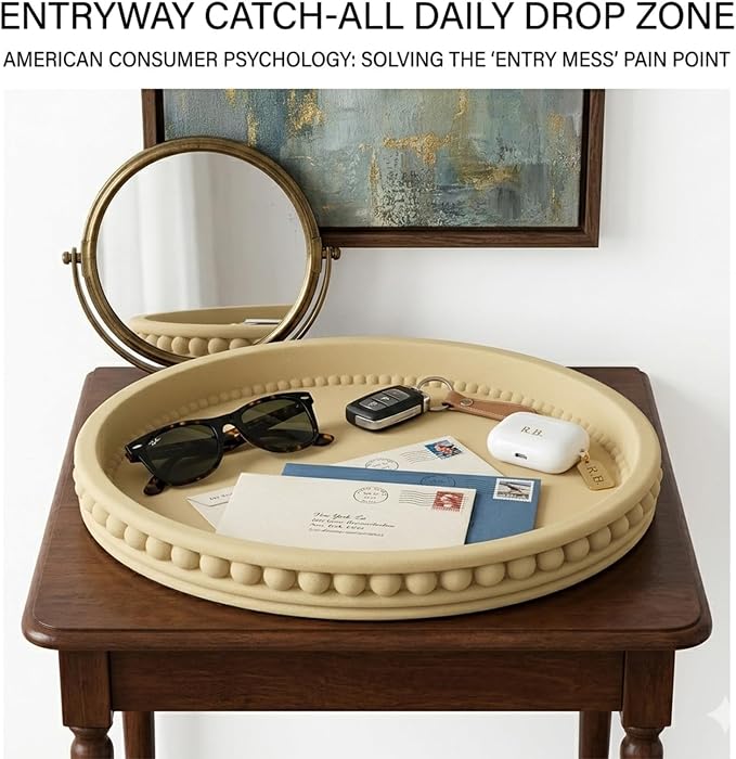 11" Round Concrete Decorative Centerpiece Tray for Coffee Table Beige | Modern minimalist centerpiece tray for coffee table, living room, dining & office storage display, sturdy tabletop home decor