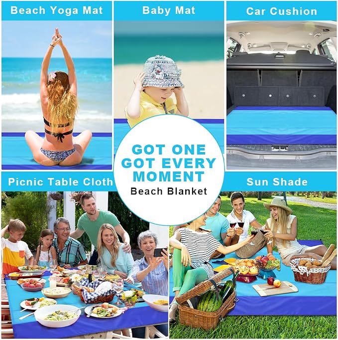 Ainiv Beach Blanket Beach Mat, Sandproof Waterproof Beach Mat, Extra Large 82 * 79 in (5-7 People) Picnic Blanket with 1 Storage Bag, 1 Carabiner & 4 Fixed Nails for Beach, Camping, Hiking, Picnic