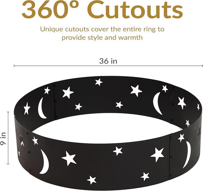 Sunnydaze 36-Inch Outdoor Fire Ring - Portable Metal Fire Pit Ring for Camping or Backyard - 360-Degree Moons and Stars Cutout - Big Sky
