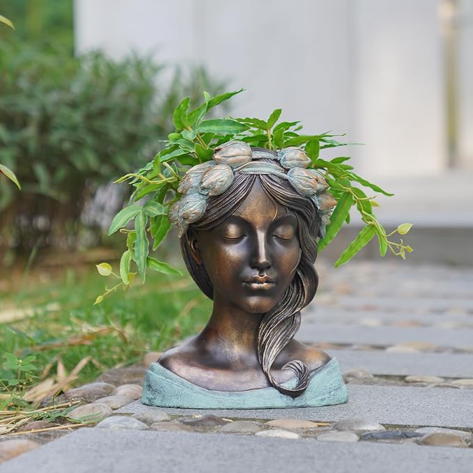 DiliComing Head Planter Face Plant Pots - 10 Inch Flower Pot Succulents Large Outdoor Planters Indoor with Drainage Resin Lady Bronze Statue for Garden Home Decor Porch Gift for Plant Lovers
