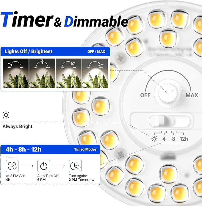Barrina Orbgrow OG11A Grow Light Bulbs for Indoor Plants, Integrated Dimming & Timing, 4000K 33W(3 x 11W, 300 Watt Equiv), E26 Plant Light Bulb, Full Spectrum for Seeds and Greens, 3 Packs, Black