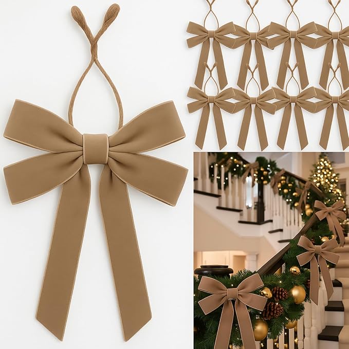 Soulchen 12 Pcs 20 Inches Christmas Garland Ties with Large Velvet Bows Reusable Holiday Wreath Twist Tie Bows for Banister Christmas Tree Indoor Outdoor Party Decorations (Khaki)
