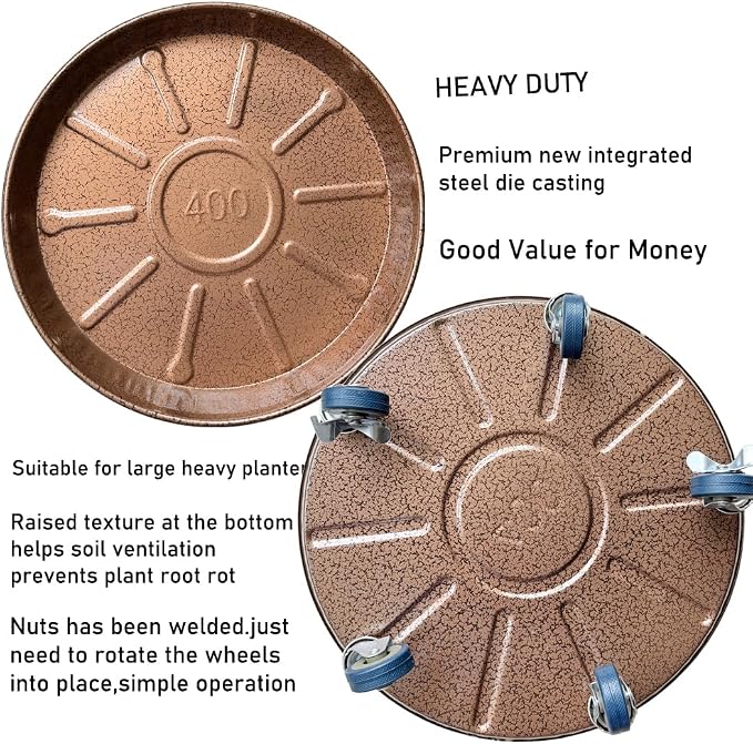 Rolling Planter Caddy(430lbs Capacity), Heavy Duty Metal Plant Stand with Brake Wheels Plant Dolly Mover Plant Pot Tray Saucer for Indoor Outdoor 16inches Copper,2Pack