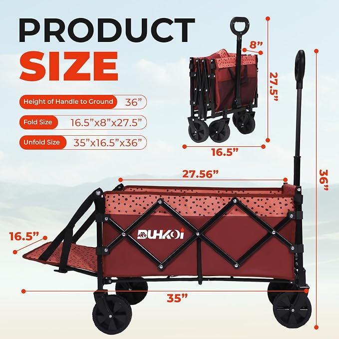 Compact Foldable Tailgate Wagon Cart with Wheels, 12 lb Lightweight Small Folding Utility Wagon for Garden, Grocery, Beach, Camping - Portable Cart (Red)