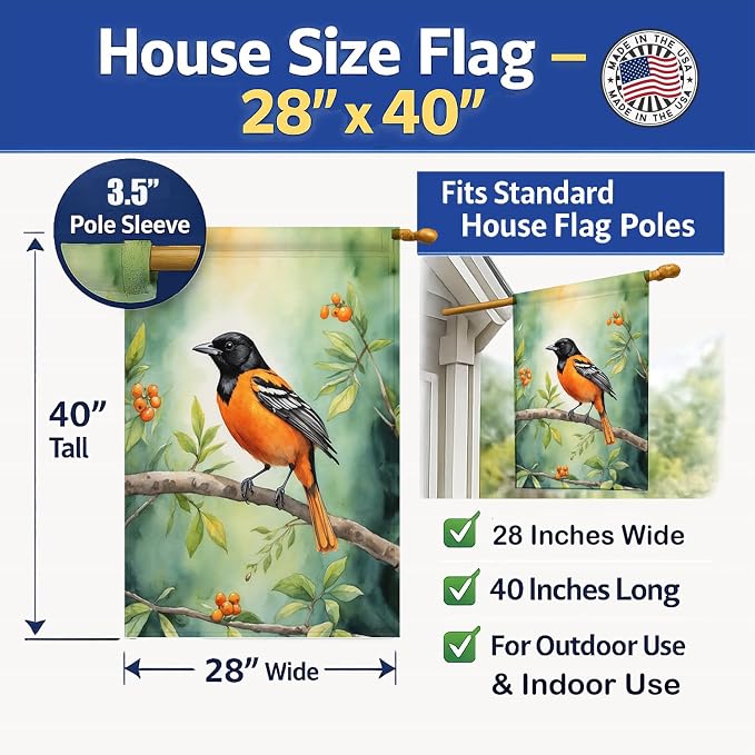 Caroline's Treasures Maryland Baltimore Oriole House Flag Large Porch Sleeve Pole Decorative Outside Yard Banner Artwork Wall Hanging, Polyester, House Size, Multicolor