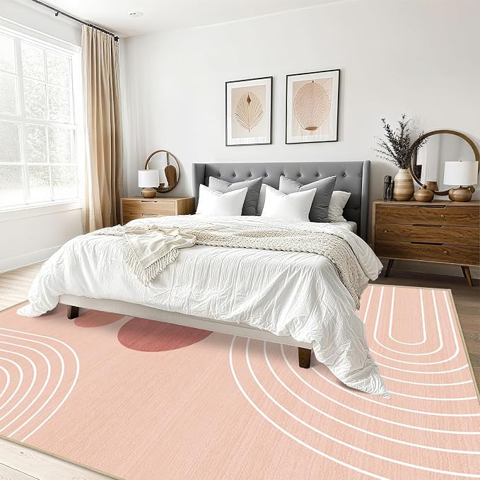 Area Rug 6x9 Boho Modern Minimalist Geometric Abstract Rug Pink Mid Century Modern Rug for Living Room Machine Washable Non-Slip Printed Low Pile Indoor Carpet for Bedroom Dining Room Office Pink
