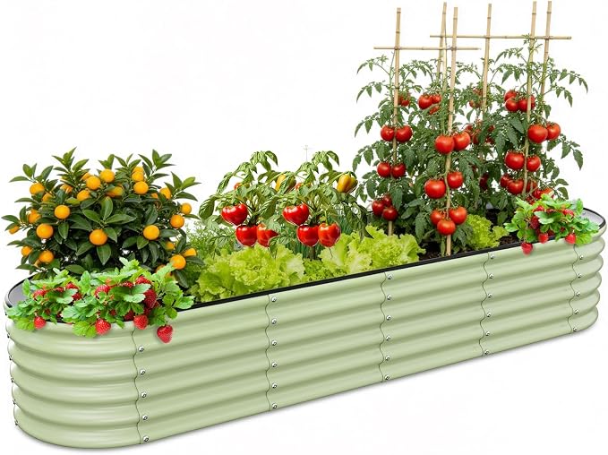 Gruper Galvanized Raised Garden Bed, 8×2×1.4 ft Tall Oval Large Metal Planter Raised Garden Boxes Outdoor for Vegetable Fruits Flower Herb, Anti-Rust and Sturdy & Easy-Setup
