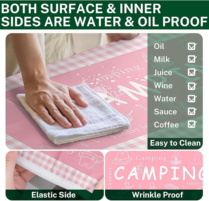 Picnic Table Cover with Bench Covers Elastic Edges, Pink Camper Fitted Table Cover, Outdoor Patio Camping Essentials 72 Inch 3PCS, Waterproof Camping Fitted Tablecloth with Drawstring Bag