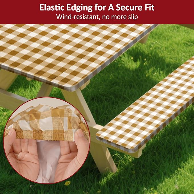 8ft Picnic Table and Bench Cover, Camping Essentials RV Gear, 96 in Waterproof Windproof Outdoor Elastic All Around Tablecloth, Fitted Rectangle Tables and Seats, Coffee-White Checkered