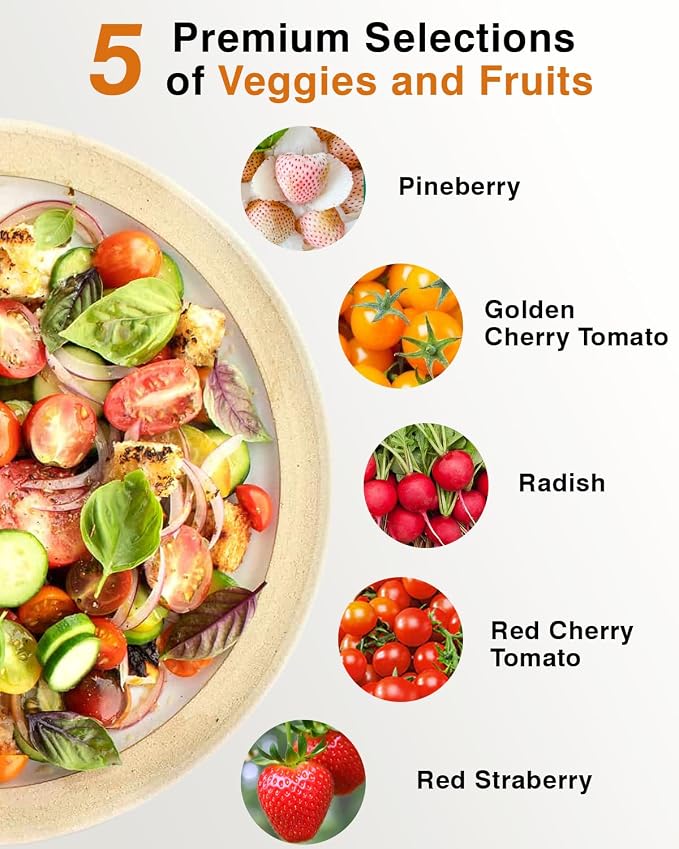 Red Strawberry and Pineberry Seed Pod Kit for AeroGarden, idoo, Ahopegarden with Red Strawberry, Radish, Pineberry,Red Heirloom/Golden Harvest Cherry Tomato - Compatible with All Hydroponics (12-Pod)
