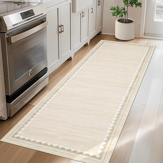 COZYLOOM Entryway Rugs Indoor 2x6 Washable Runner Rug with Rubber Backing, Bordered Non Shedding Stain Resistant Accent Rug, Low Pile Soft Contemporary Carpet for Kitchen, Hallway, Bedroom, Beige