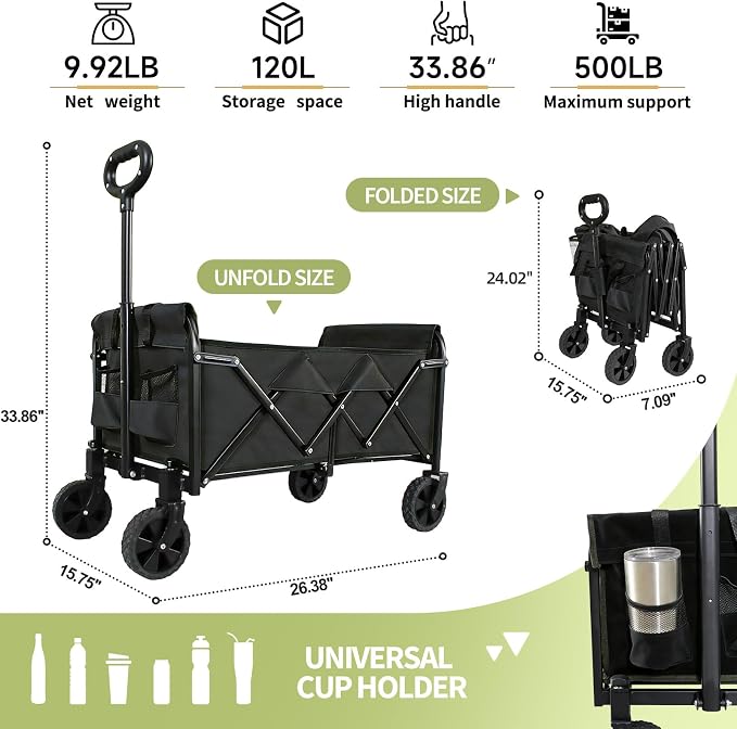 Foldable Wagon Cart, Collapsible Utility Wagon with All Terrain Wheels, Portable Folding Cart for Camping Garden Shopping Grocery Sports (Black, Medium Without Tailgate)