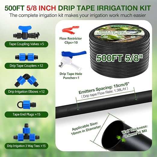 500FT 5/8 Inch Drip Tape Irrigation Kit, Kalolary 16 Mil Reinforced PE Flat Drips Tubing 6" Spacing Roll Landscape Garden Hose with Drip Tape Fittings & Hole Puncher Automatic Garden Irrigation System