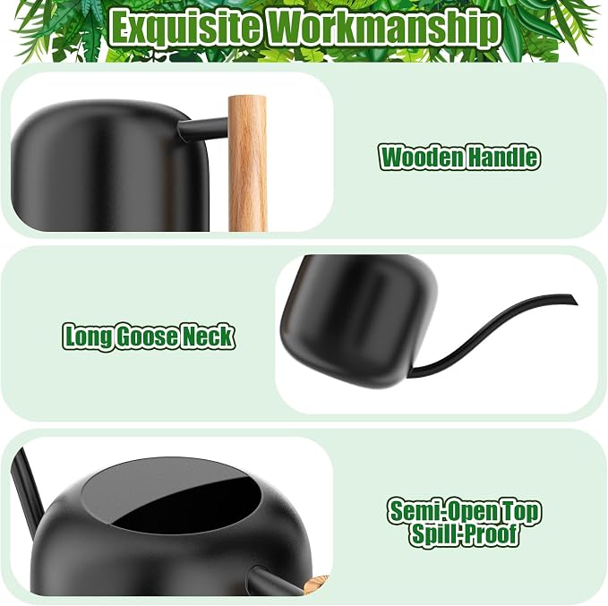 Green Moon 1.2L/41oz Metal Metal Watering Can with Long Spout, Black | Metal Stainless Steel Watering Can for Indoor Plants, House Bonsai, Succulents, and Garden Flowers, Decorative Watering Cans