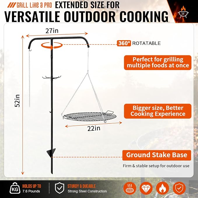 22" Fire Pit Campfire Grill Grate, Hanging Open Fire Cooking Grill Grate Portable Round Camping Cooking Barbecue Rack Heavy-Duty, Easy Setup & Adjustable Height for Outdoor Camping BBQ