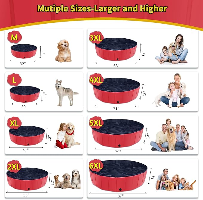 CACSPS Foldable Dog Pool, 55" x 12" Kiddie Pool with Hard Plastic, Non-Slip Dog Bath Tub for Outdoor Backyard, Collapsible Dog Swimming Pool for Kids Dogs Pets (Red)