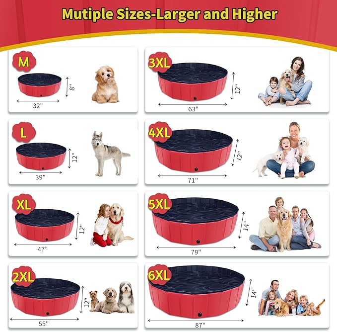 CACSPS Foldable Dog Pool, 39" x 12" Kiddie Pool with Hard Plastic, Non-Slip Dog Bath Tub for Outdoor Backyard, Collapsible Dog Swimming Pool for Kids Dogs Pets (Red)