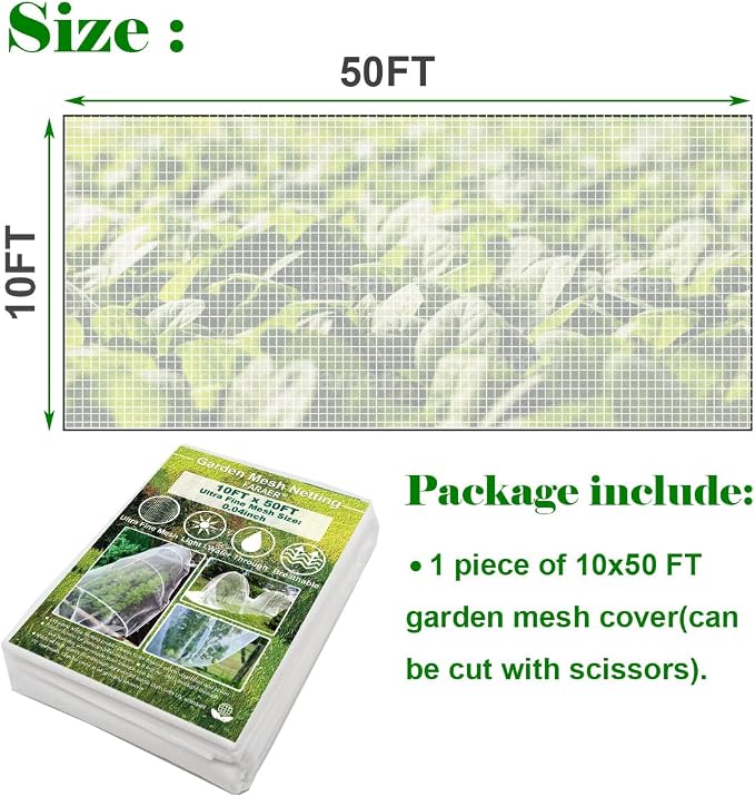 Garden Netting, Pest Barrier Plant Covers 10x50Ft Net Ultra Fine Mesh Protection Netting for Vegetable Fruits Flowers Crops Greenhouse Row Cover Raised Bed Insect Barrier Screen Protection Net Cover