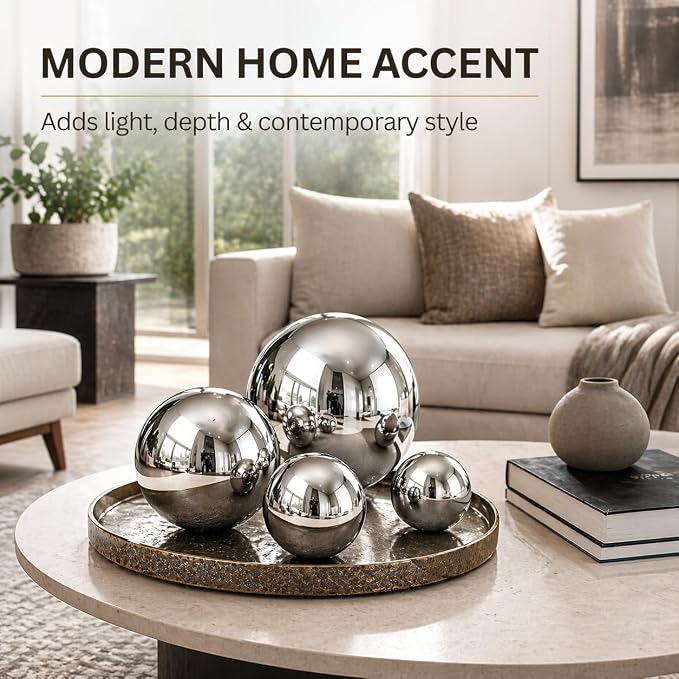 Gazing Ball Garden Mirror Outdoor - Outside Decorative Globe, Silver, 5Pcs | Metal Polished Reflective Sphere, Stainless Steel Hollow Decoration Ornament for Home Pond Swimming Pool Housewarming Gift