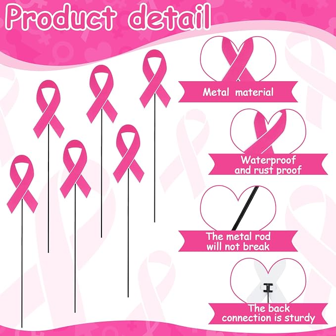 Pickmesh 6 Pcs 12" Breast Cancer Awareness Barn Metal Garden Stake Pink Ribbon Yard Sign Yard Stake for Breast Cancer Awareness Planter Pot Walkway Pathway Outdoor Decor Lawn Decoration