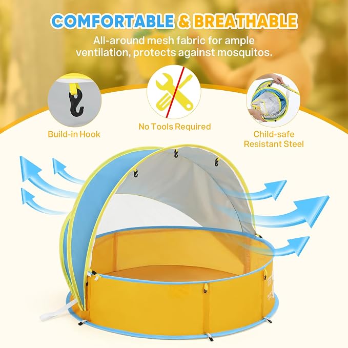 Peradix Baby Beach Tent, Paddling Pool for Kids & Pets with UV Sun Shelter Canopy, Mosquito Net - Portable Pop Up Infant Ball Pit Tent, Toddler Wading Pool, Perfect for Summer Beach Fun
