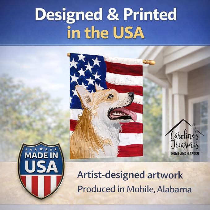 Caroline's Treasures CK6751CHF Pembroke Welsh Corgi American Flag House Flag Large Porch Sleeve Pole Decorative Outside Yard Banner Artwork Wall Hanging, Polyester, House Size, Multicolor