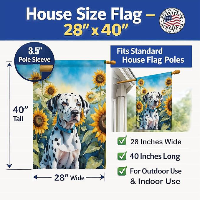 Caroline's Treasures DAC6067CHF Dalmatian in Sunflowers House Flag Large Porch Sleeve Pole Decorative Outside Yard Banner Artwork Wall Hanging, Polyester, House Size, Multicolor