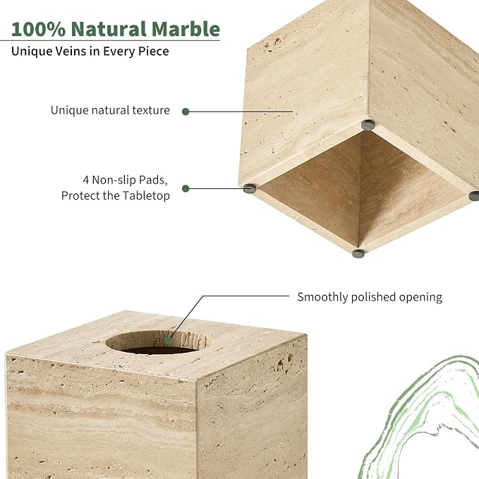 Real Natural Travertine Tissue Box Cover, 5.5 Inch Square Travertine Tissue Box Holder with Open Bottom, Heavy Stone Decorative Organizer for Bathroom Vanity, Kitchen Countertop, Luxury Home Décor