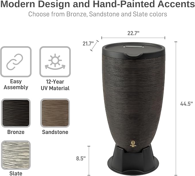 RTS Home Accents 50-Gallon Newport Rain Barrel with Stand and Removable Lid, Bronze Color