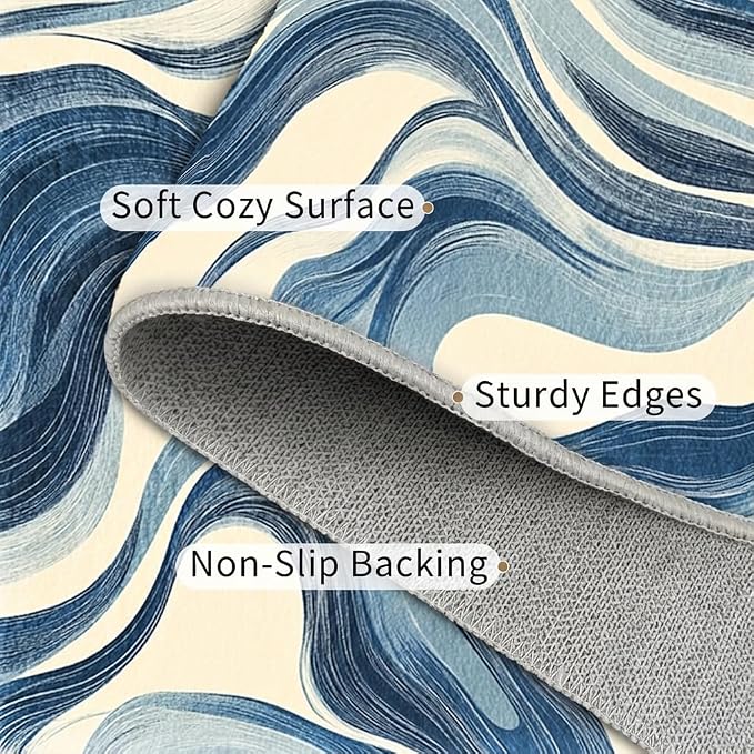 Blue and White Wave Area Rug 5x7 Modern Wavy Stripes Rugs for Living Room