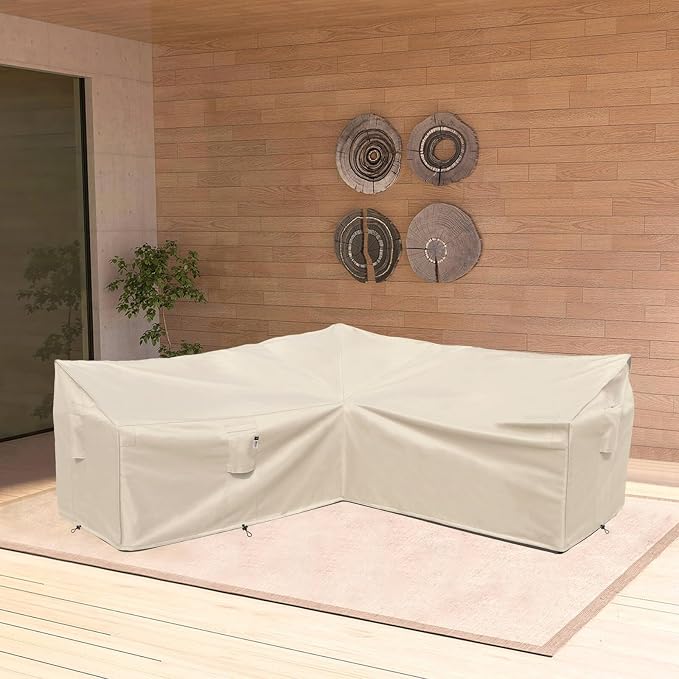 Patio Furniture Covers, Heavy Duty Outdoor Sectional Couch Cover, Waterproof 600D V-Shaped L-Shape Lawn Outdoor Furniture Protector(Natural Beige,V-Shaped-90 x90)