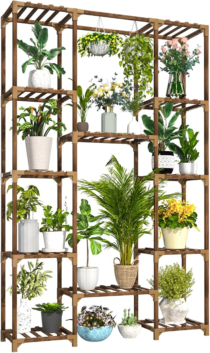 Uneedem Plant Stand Indoor Outdoor, Tall Plant Shelf for Multiple Plants, 12 Tiers Large Plant Rack Wood Plant Holder Plant Shelves for Room Corner Balcony Garden Patio