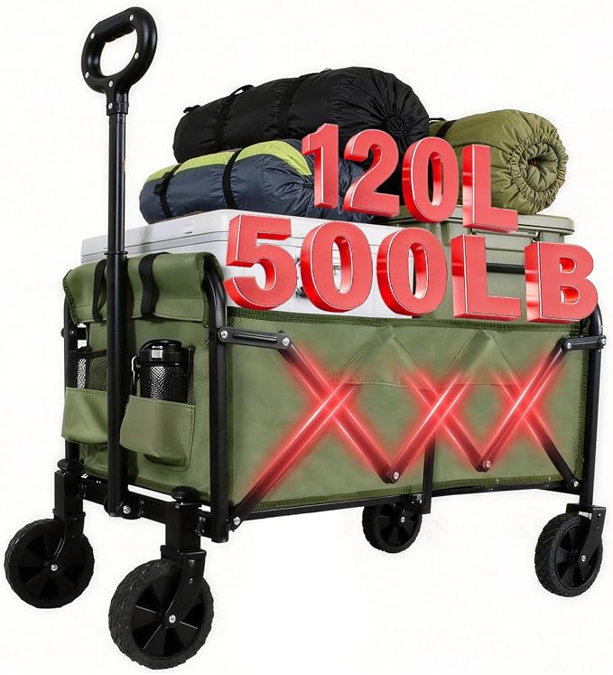 Foldable Wagon Cart, Collapsible Utility Wagon with All Terrain Wheels, Portable Folding Cart for Camping Garden Shopping Grocery Sports(Green, Medium Without Tailgate)
