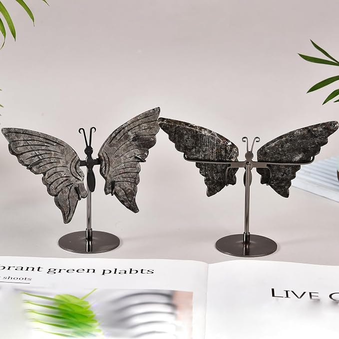 JIC Gem Natural Flame Yooperlite Stone Crystal Butterfly Art Decorative Healing Crystal Slices Carved Angel Wings with Silver Stand Office Home Decor Reiki Gifts (1pair, 10cm)