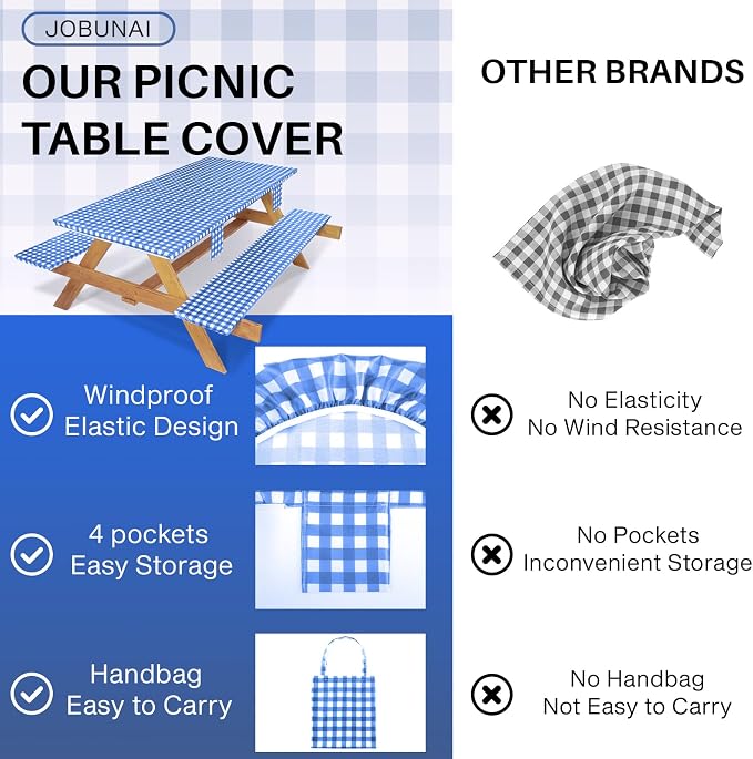 Jobunai Fitted Picnic Table Cover with Bench Covers Elastic Waterproof Outdoor Camping Tablecloth for 6 Ft Rectangle Tables Camper Summer Accessories Rv Car Essentials Vacation Gifts for Men Women
