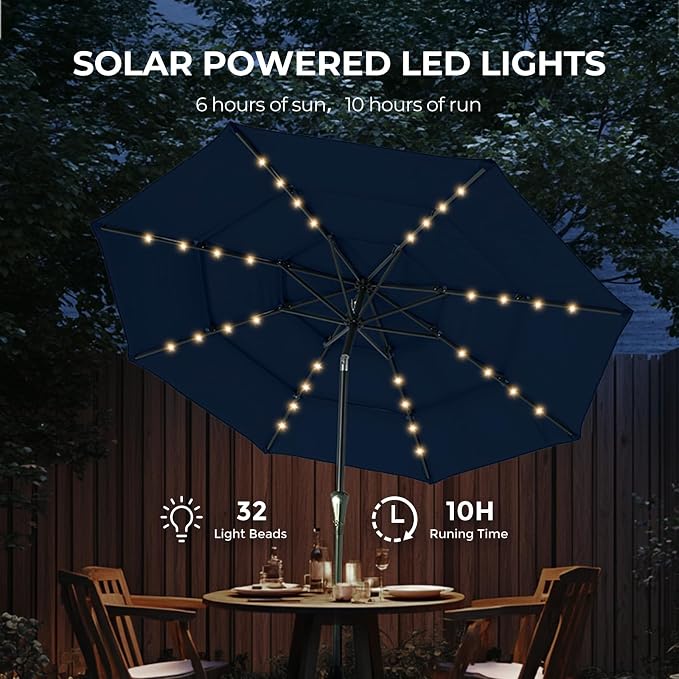 HOMSHADE 3-Tier Patio Umbrella with Solar Lights(Navy Blue,No Base) | 5-Year Fade Resistant;32 LED Lights;Windproof;8 Thicker Ribs;UPF50+;Pool Garden Deck