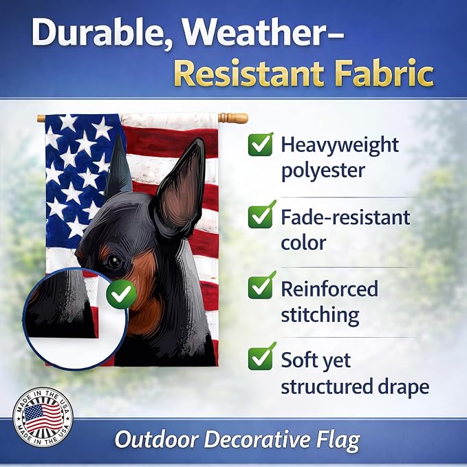 Caroline's Treasures CK6618CHF Miniature Pinscher Dog American Flag House Flag Large Porch Sleeve Pole Decorative Outside Yard Banner Artwork Wall Hanging, Polyester, House Size, Multicolor
