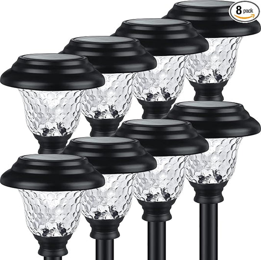 Glass Solar Lights Outdoor waterproof, 8 Pack Super Bright Solar Pathway Lights, Up to 12 Hrs Long Last Auto On/Off Garden Lights Solar Powered, Stainless Steel LED Light For Yard Landscape Warm White