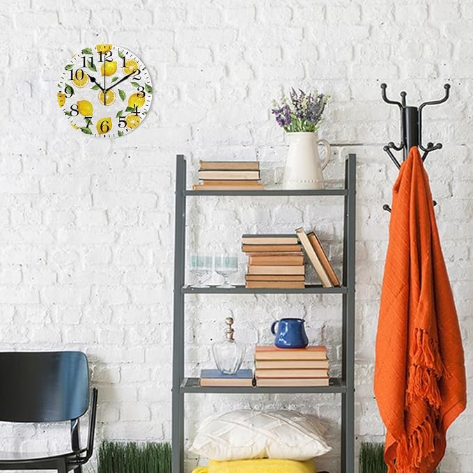 ALAZA Home Decor Summer Lemon Fruit Leaves 9.84 inch Round Acrylic Wall Clock Non Ticking Silent Clock Art for Living Room Kitchen Bedroom(Black Pointer)