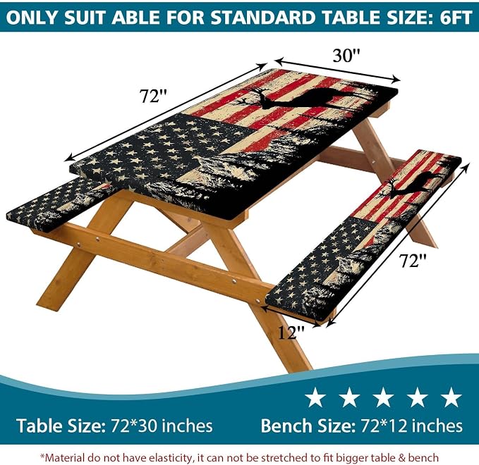Picnic Table Cover with Bench Covers Elastic Edges, Rustic Farmhouse American Flag Camper Fitted Table Cover, Outdoor Camping Essentials, Waterproof Camping Tablecloth with Drawstring Bag, 60In 3PCS