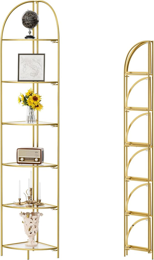 Crofy Foldable 6 Tier Corner Shelf, Metal Corner Plant Stand with Gold Frame and Transparent Shelves, Corner Display Rack Multipurpose Shelving Unit for Living Room, Bedroom, Bathroom