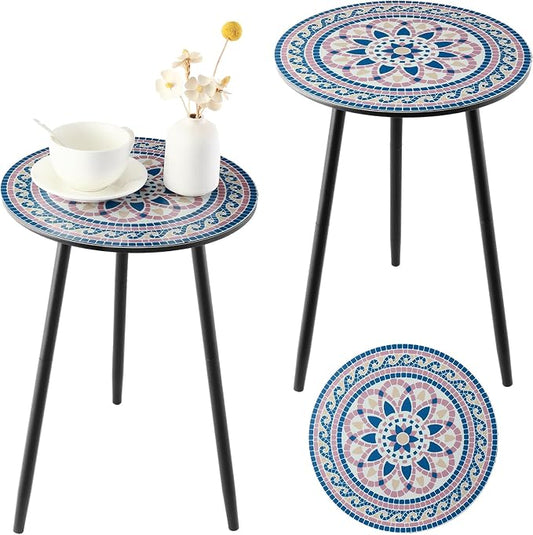 Outdoor Side Table Set of 2 Mosaic Patio Side Tables for Outside End Tables Small Outdoor Table Round Patio End Table Metal Side Table Outside, Indoor, Bedroom, Living Room, Small Spaces, Blush Mosaic