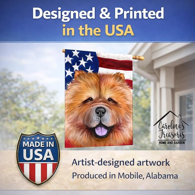 Caroline's Treasures CK6490CHF Chow Chow Dog American Flag House Flag Large Porch Sleeve Pole Decorative Outside Yard Banner Artwork Wall Hanging, Polyester, House Size, Multicolor