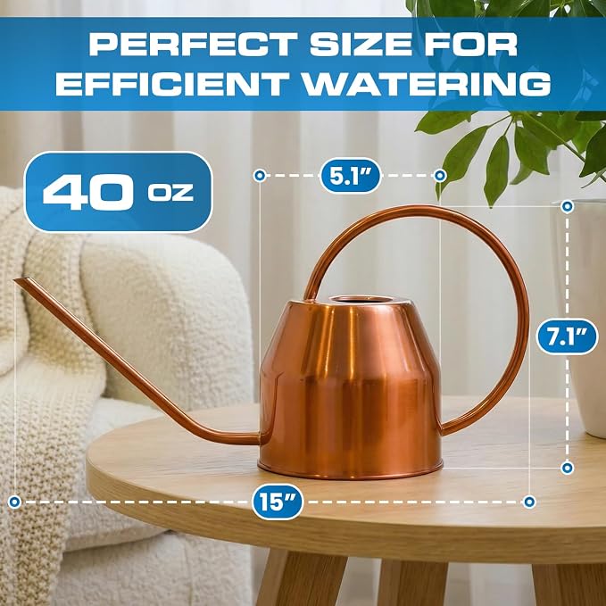 Plexon Rose Gold Metal Watering Can Indoor Plants 40 oz, Stainless Steel Long Spout Watering Can Outdoor House Plant Flower, Garden