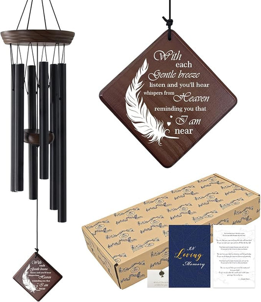ASTARIN Memorial Wind Chimes for Outside, Sympathy Gift for Loss of Loved One, 28.3 Inch Black Aluminum Wind Chime with Pine Wood and Double-Sided Printed Wind Sail