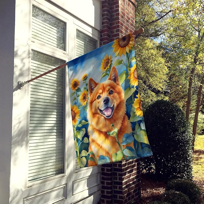 Caroline's Treasures DAC6077CHF Finnish Spitz in Sunflowers House Flag Large Porch Sleeve Pole Decorative Outside Yard Banner Artwork Wall Hanging, Polyester, House Size, Multicolor